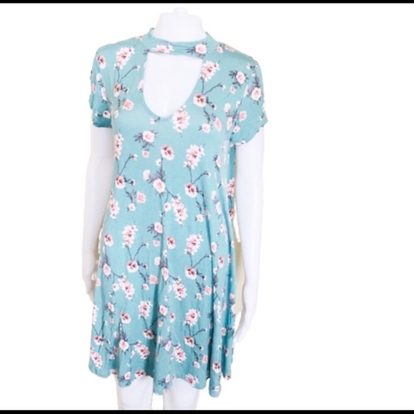 ARDENE Floral Choker Swing Dress With Cap Sleeves Mint Teal Green Size Medium - Picture 1 of 5